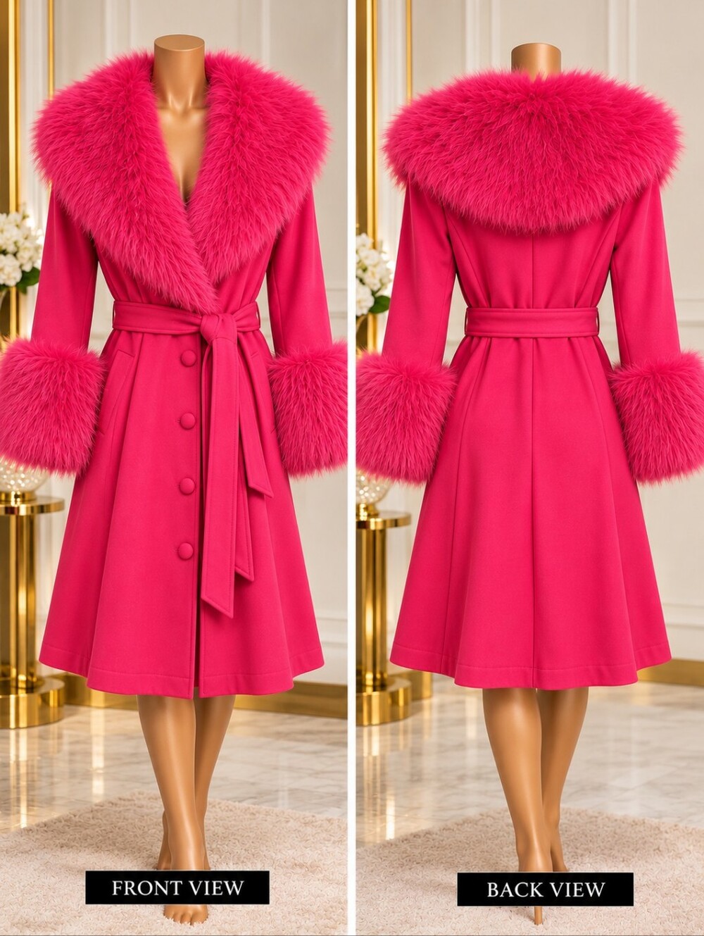 SHEIN Curve 3XL Fuchsia Pink Faux Fur Trim Belted Long Light Weight Over Coat